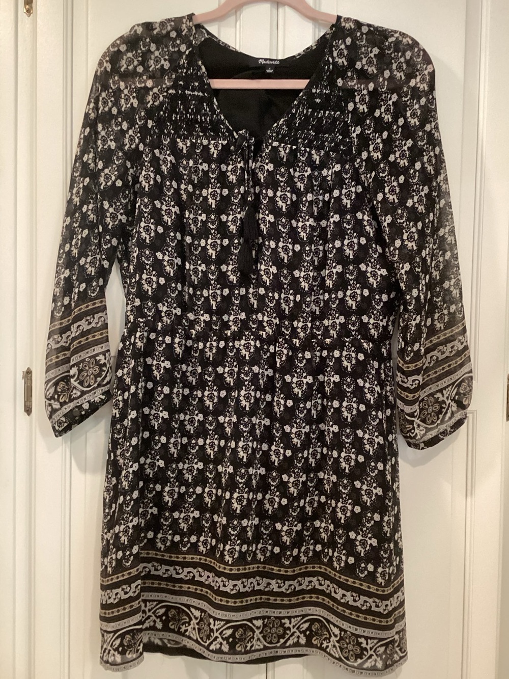 Madewell Black and White Floral Tie-Neck Tunic
